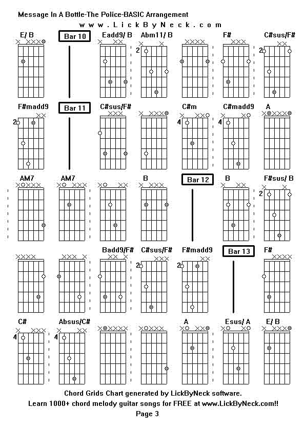 Chord Grids Chart of chord melody fingerstyle guitar song-Message In A Bottle-The Police-BASIC Arrangement,generated by LickByNeck software.